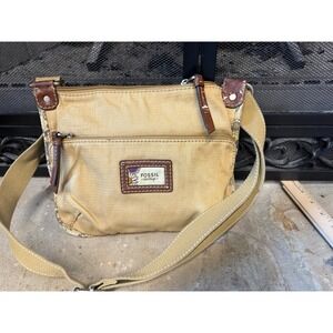 Fossil Canvas Crossbody Bag Tan Patchwork Lined Small Purse Leather Wear